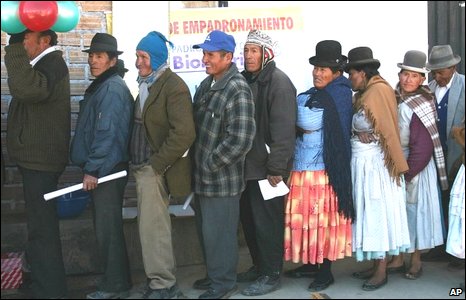 Indigenous Bolivian communities queueing to vote.